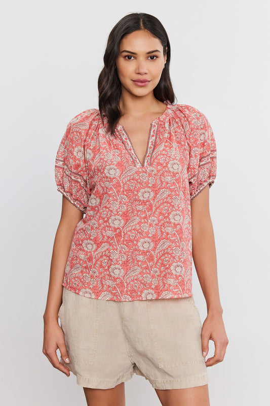 Velvet by Graham and Spence Lyra Print Top in Rouge